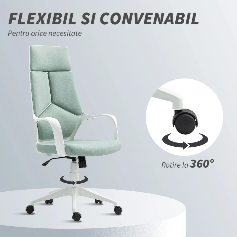 HOMCOM Scaun de Birou în Material Textil cu Balans, Înălțime Reglabilă și Scaun Pivotant, 63x63x117-127 cm, Verde