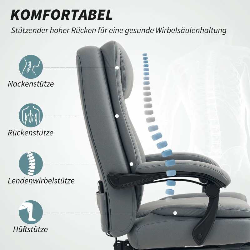 HOMCOM Bureaustoel met Massagefunctie, In Hoogte Verstelbare Bureaustoel met Kantelbare Rugleuning, Gestoffeerd, Met Wielen, Grijs