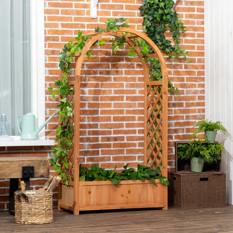 Outsunny Raised Garden Bed with Arch Trellis, Freestanding Garden Planter Box for Vine Climbing Plant Flower Herb, Brown