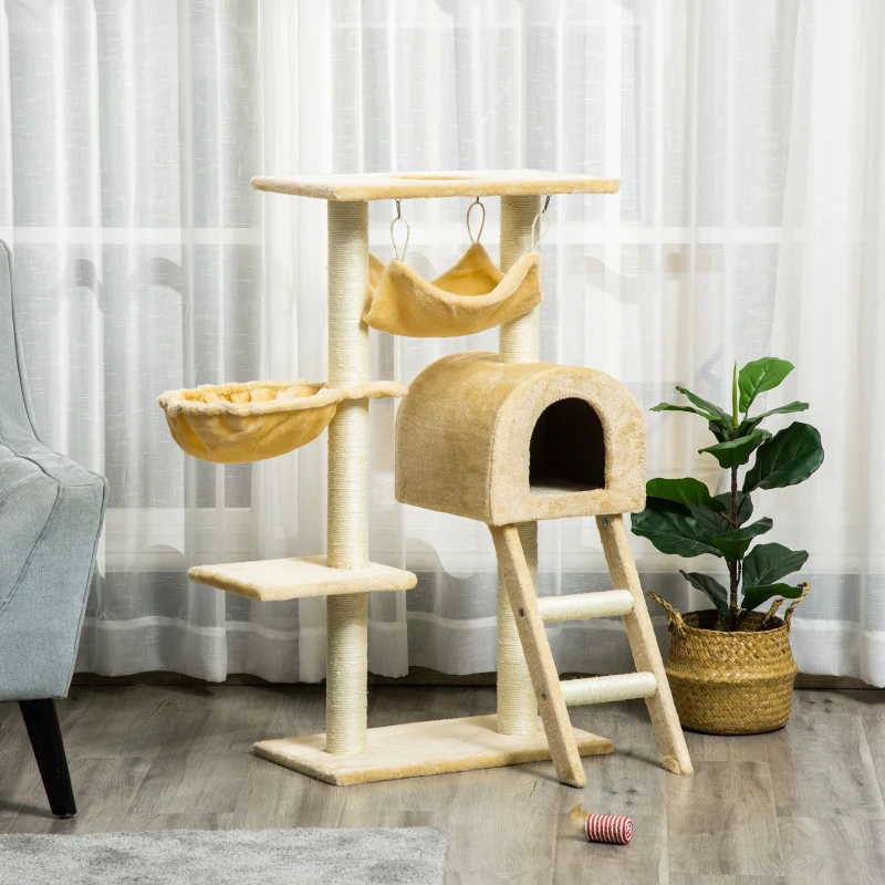 PawHut Tiragraffi per Gatti Multilivello con Amaca e Casetta, Corde in Sisal Naturale, 55×30×100cm