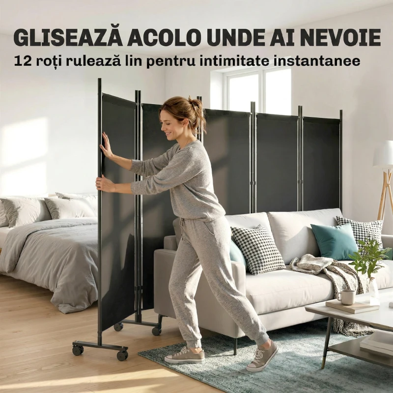 Outsunny Separator Pliabil cu 5 Panouri și 12 Roți, Paravan Autoportant, Negru