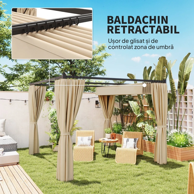 Outsunny Pergolă de Grădină cu Acoperiș Retractabil și Perdele, din Metal și Poliester, 300x300x227 cm, Bej(m-4)
