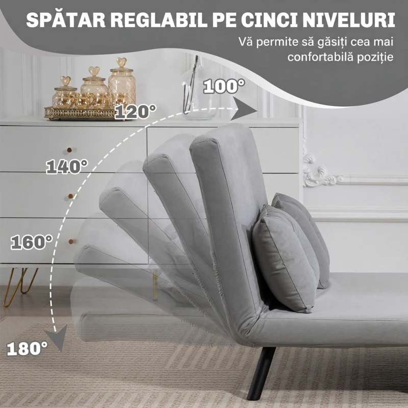 HOMCOM Canapea Extensibilă Cu Aspect Catifelat și Spătar Reglabil, Gri Deschis