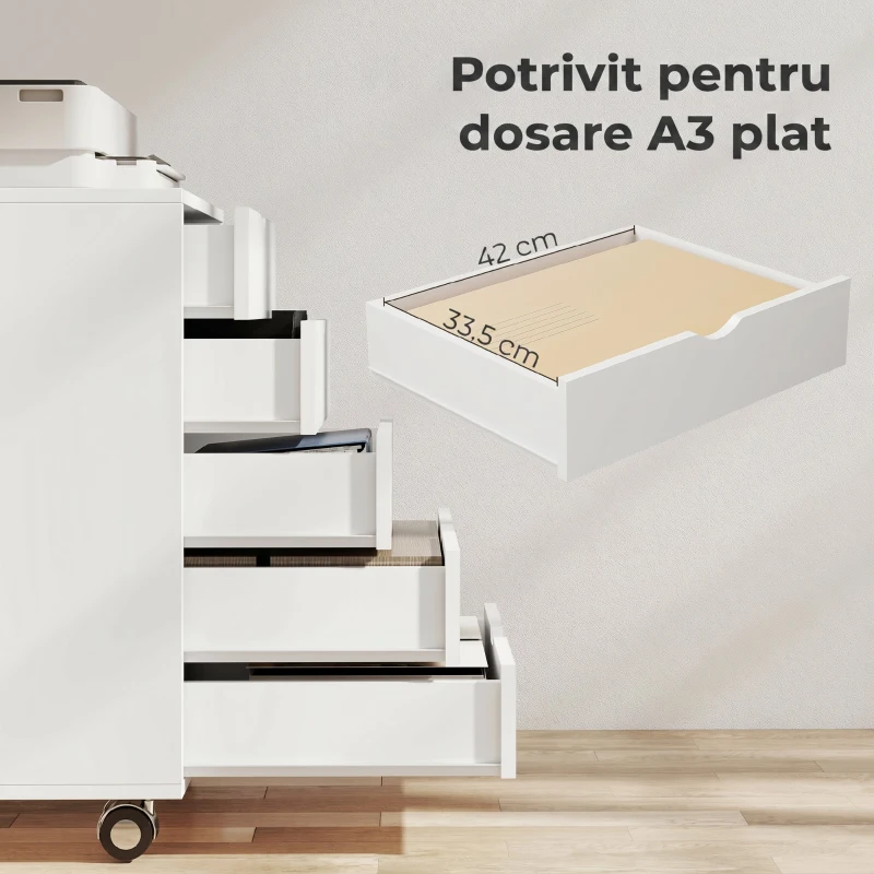 HOMCOM Dulap de Birou cu 5 Sertare pentru Documente A3, Roți și Blocare, 50x40x67,5 cm, Alb