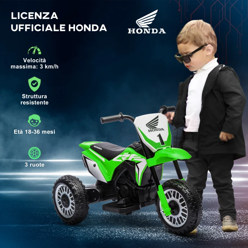 HOMCOM Moto Elettrica per Bambini con Licenza Honda CRF450RL a 3 Ruote, Età 18-36 Mesi, Verde