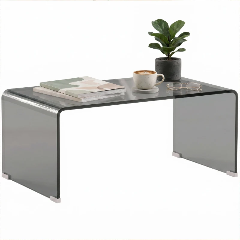 HOMCOM Mesa de centro de vidrio, mesa de salón rectangular diseño moderno con bordes redondeados seguros, gris claro transparente