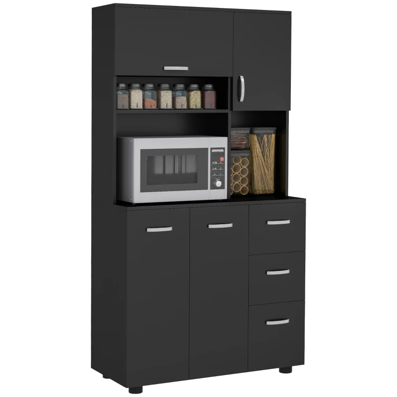 HOMCOM Armoire de cuisine multi-rangements 4 portes 3 tiroirs étagère + grand plateau 89L x 39,5l x 168H cm noir