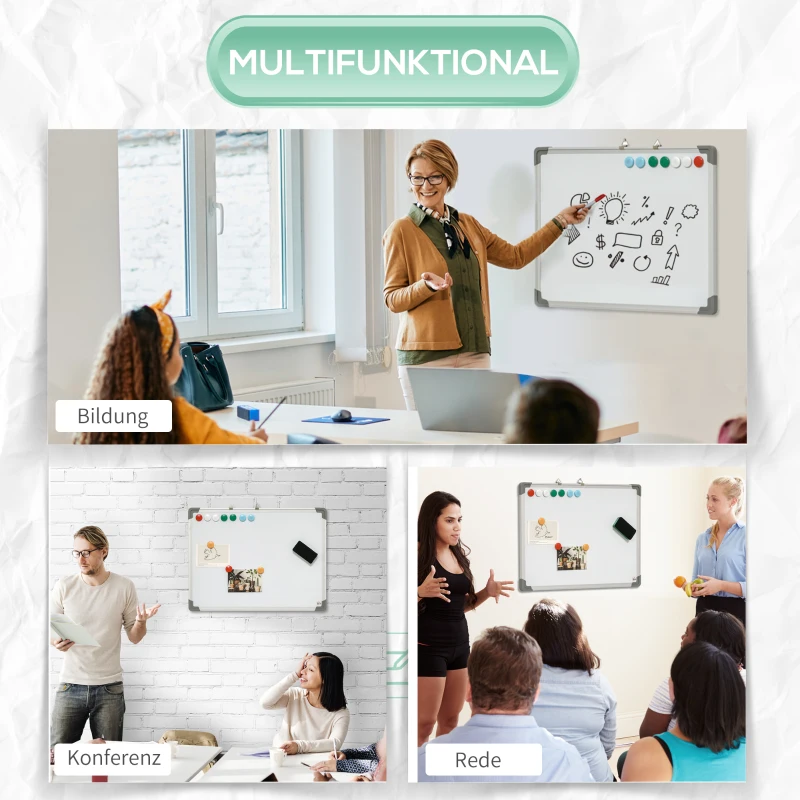 HOMCOM Magnetisch Whiteboard, Gemakkelijk te Wissen, Met 4 Markers, 10 Magneten, 1 Gum, 60 x 1,8 x 45 cm