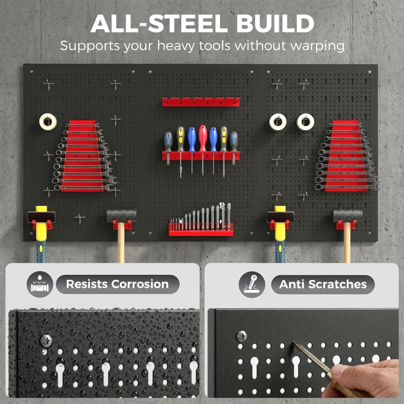 HOMCOM 28 Pcs Wall-Mounted Pegboard with 3 Boards, Garage Tool Storage Unit Black and Red