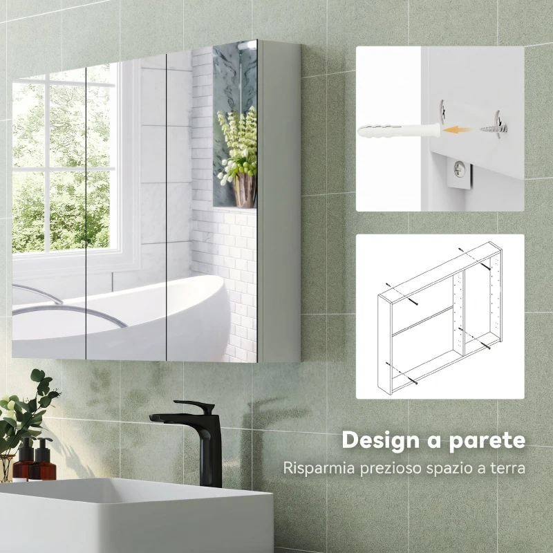 HOMCOM Specchio Bagno Contenitore con 3 Ante, 91.5x11.5x65 cm, Mobile Bagno da Parete, Ripiani Regolabili, Bianco