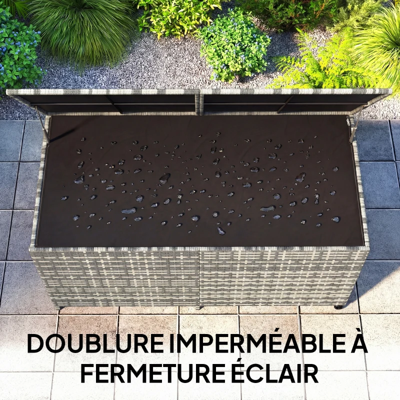 Outsunny Coffre de jardin en résine tressée, coffre de rangement extérieur 650 L imperméable avec doublure zippée