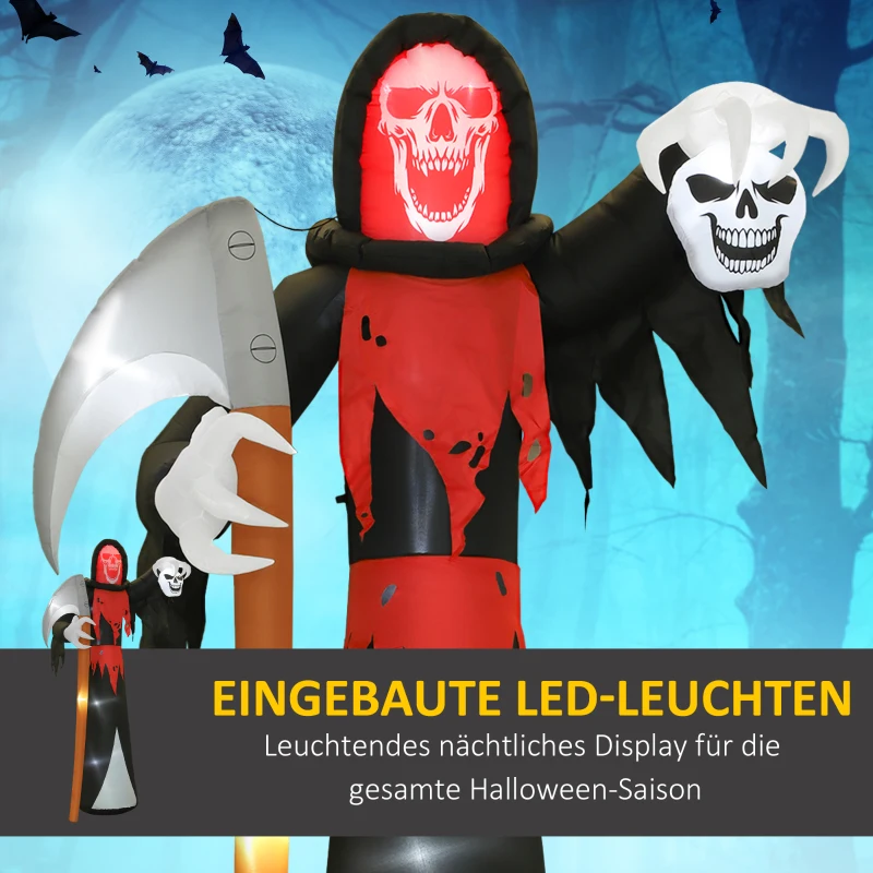 Outsunny Halloween-decoratie 3,70 m reusachtige dood met zeis met LED-verlichting lichtgevende luchtfiguur voor buiten