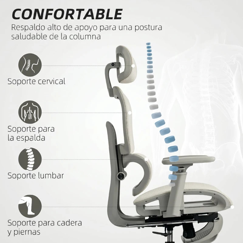 HOMCOM Silla de Oficina Ergonómica de Malla con Reposabrazos 3D Reclinable a 135° Reposacabezas Ajustable Beige