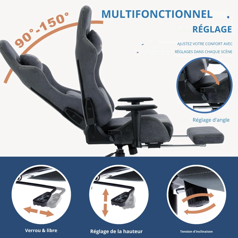 Chaise gaming avec repose-pieds, simili-suède respirant, réglable en hauteur avec vérin à gaz, pivotante, 70x70x135 cm, Gris