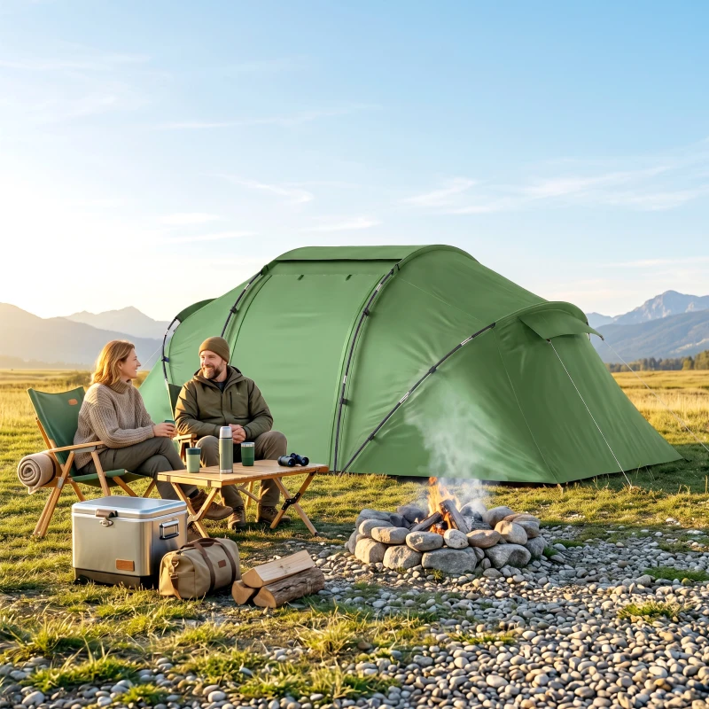 Outsunny 4 Man Camping Tent, UV Protection Tunnel Tent with 2 Bedrooms and Living Area, Large Hiking Sun Shelter, 430 x 240 x 170 cm, Dark Green