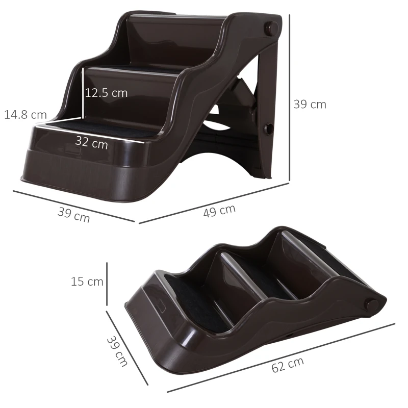 PawHut Scaletta Pieghevole per Cani e Gatti 3 Gradini Plastica PP 49 × 39 × 39cm Marrone