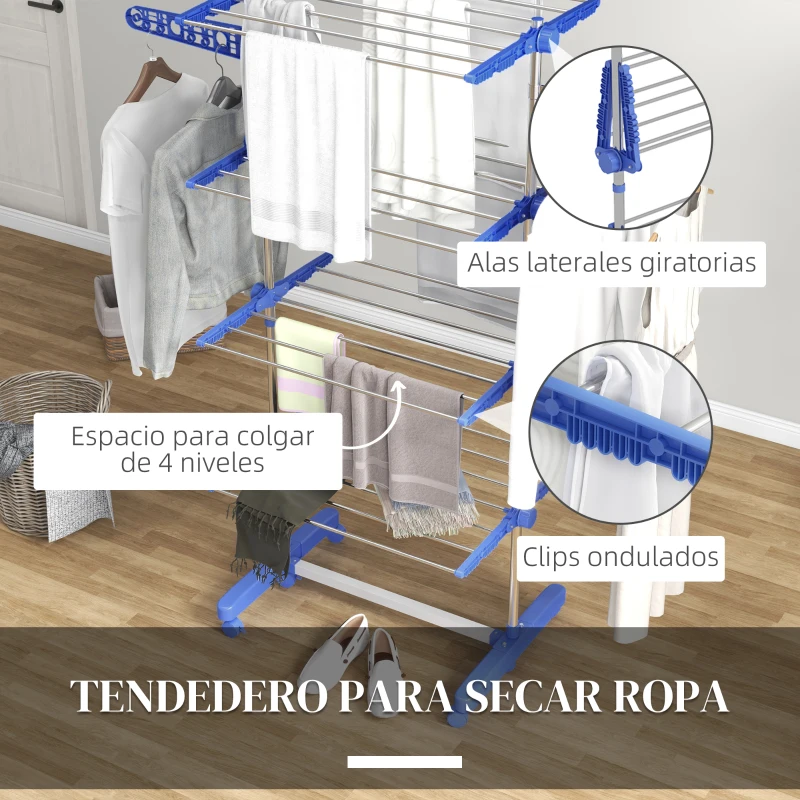 HOMCOM Tendedero Vertical de 4 Niveles con 6 Ruedas 2 Laterales Abatibles Estantes Ajustables y Marco de Acero Inoxidable Azul