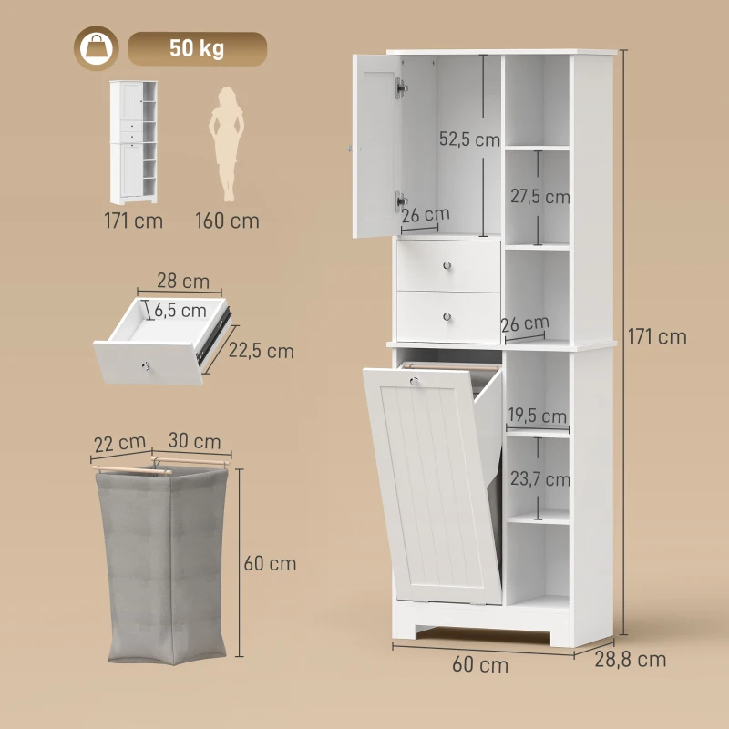 HOMCOM Badkamerkast 171 cm hoog, smalle kast met uitschuifbare wasmand en 2 lades, wit