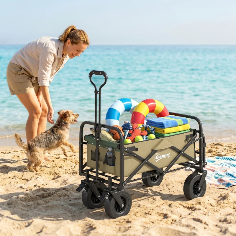 Outsunny Cărucior de grădină 110L cu mâner telescopic și bază rabatabilă din oțel și material textil Oxford, culoare kaki