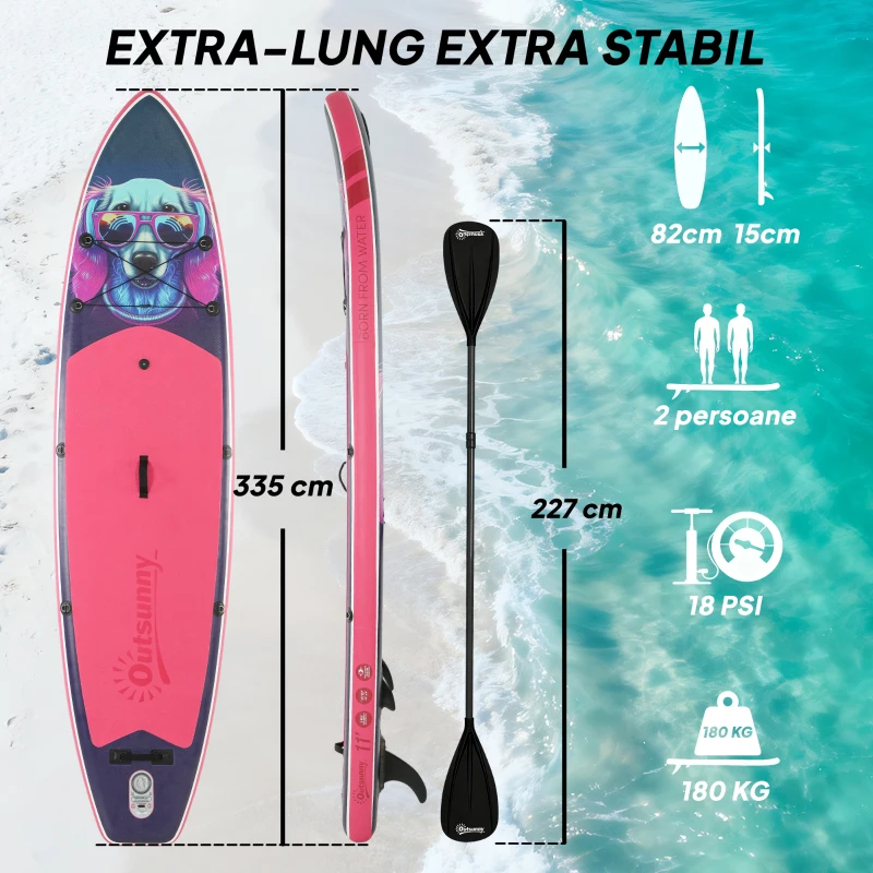 Outsunny SUP gonflabil cu scaun, vâslă și accesorii, din plastic și EVA, 335x82x15 cm, albastru și roz