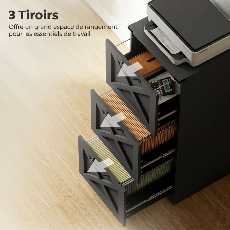 HOMCOM Caisson de Bureau avec 3 Tiroirs, Dossiers Suspendus pour Formats Lettre/A4, Style Rustique, 40x40x101cm, Noir