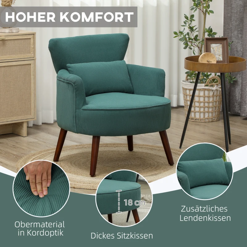 HOMCOM Moderne armleunstoel, gestoffeerde accentstoel met lendenkussen, poten van rubberhout, Donkergroen