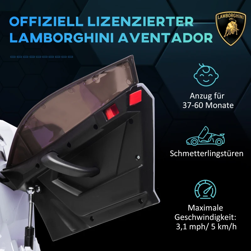 HOMCOM Elektrische kinderauto, officiële licentie van de Lamborghini Aventador, met vleugeldeuren, muziek, claxon, geschikt voor kinderen van 3-5 jaar, wit