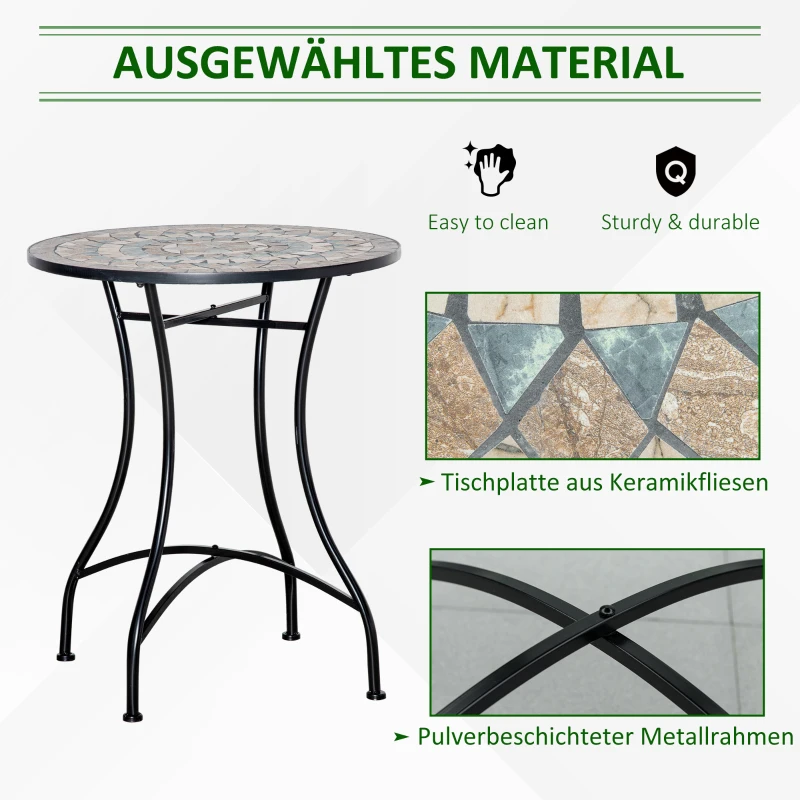 Stijlvolle Outsunny Ronde Tuintafel met Keramisch Mozaïekblad in Groen, Beige en Wit - Ø60 cm