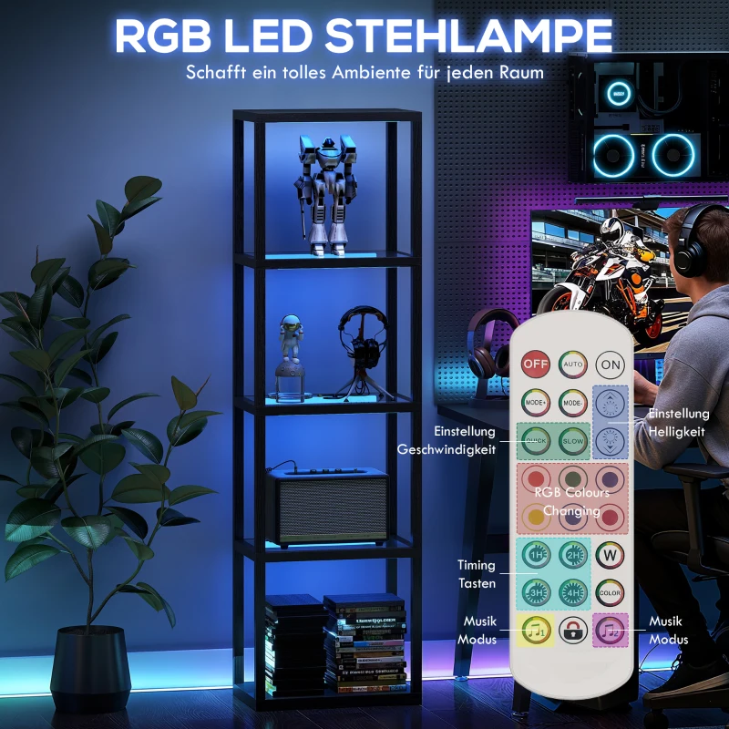 HOMCOM RGB met Glazen Planken, 4-laags met Afstandsbediening, Muzieksynchronisatie, Zwart