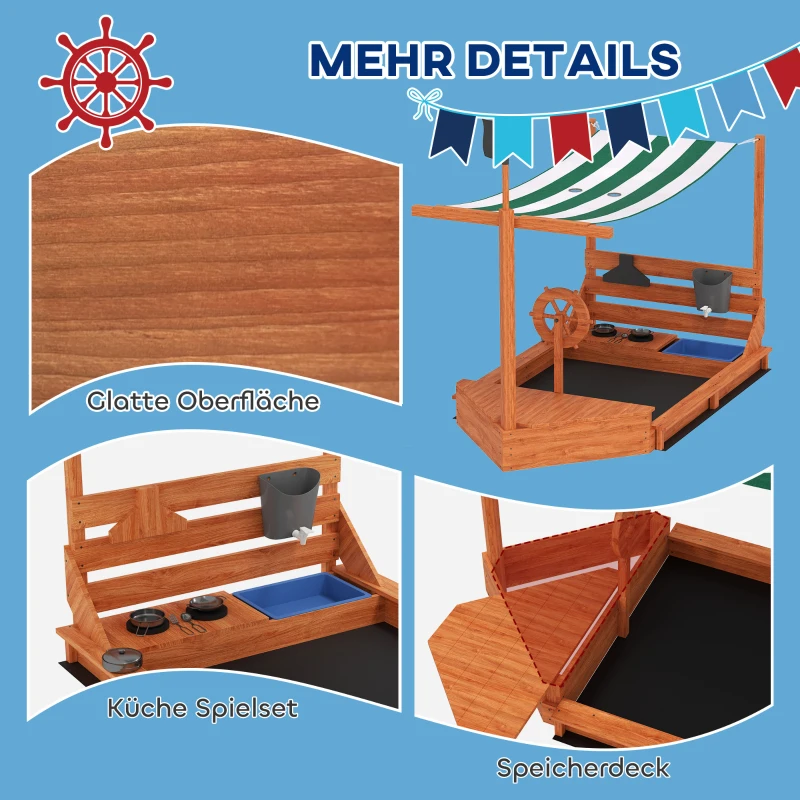 Outsunny Zandbak met Zonnedak Piratenschip, incl. Keukenspeelset voor Kinderen, Massief Hout, 180 x 103 x 144,5 cm, Oranje