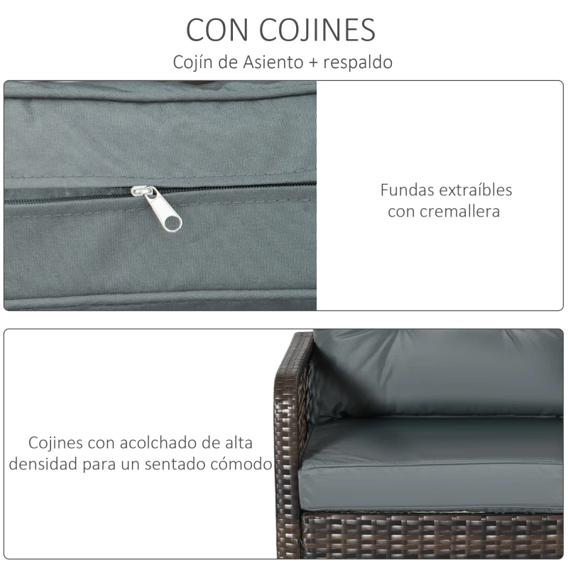 Outsunny Conjunto de Muebles de Ratán Juego de 3 Piezas de Jardín 2 Sillones 65x66x75 cm y Mesa de Vidrio Templado 50x50x50 cm con Cojines Acolchados para Terraza Patio Marrón y Gris