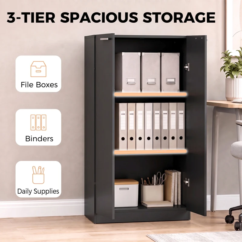 HOMCOM 120 cm Tall Storage Cabinet Cupboard, 3-Tier File Organiser Wooden Filing Cabinet, Black