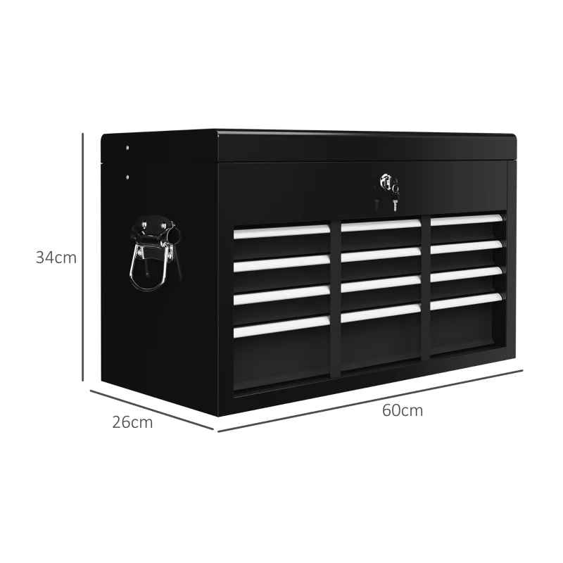 HOMCOM Gereedschapskist, Afsluitbaar, 3 Laden, Stalen Behuizing, 60x26x34cm, Zwart