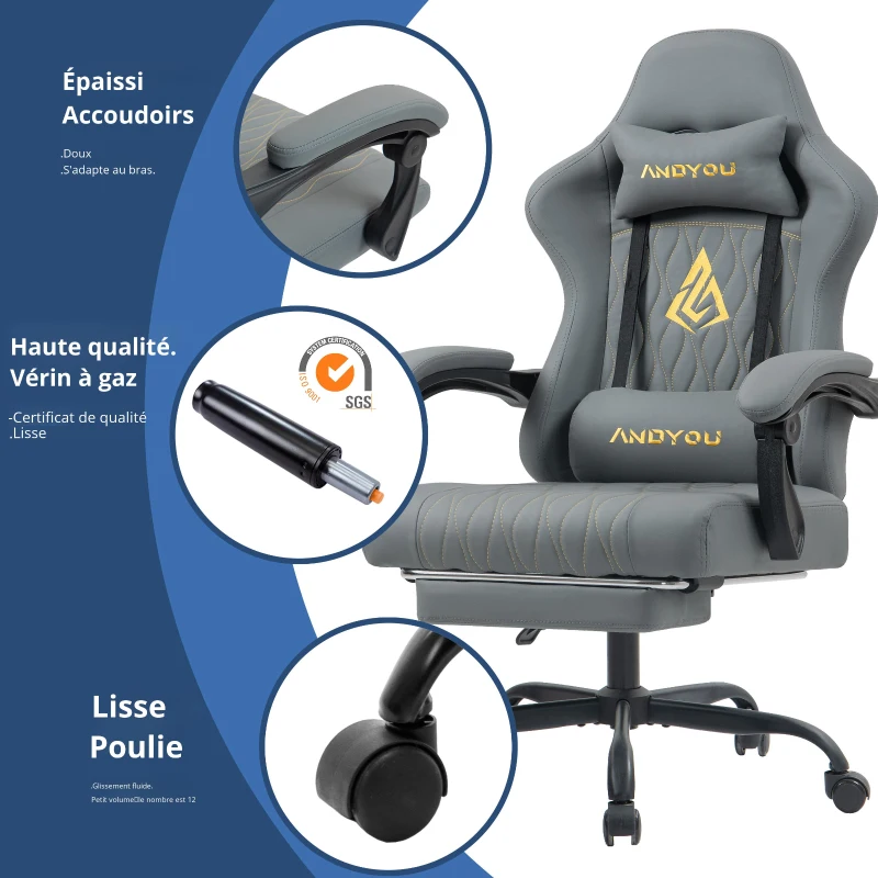 Fauteuil gamer avec repose-pieds, coussin cervical et lombaire doux, coussins de soutien amovibles, 60x60x122 cm, Gris