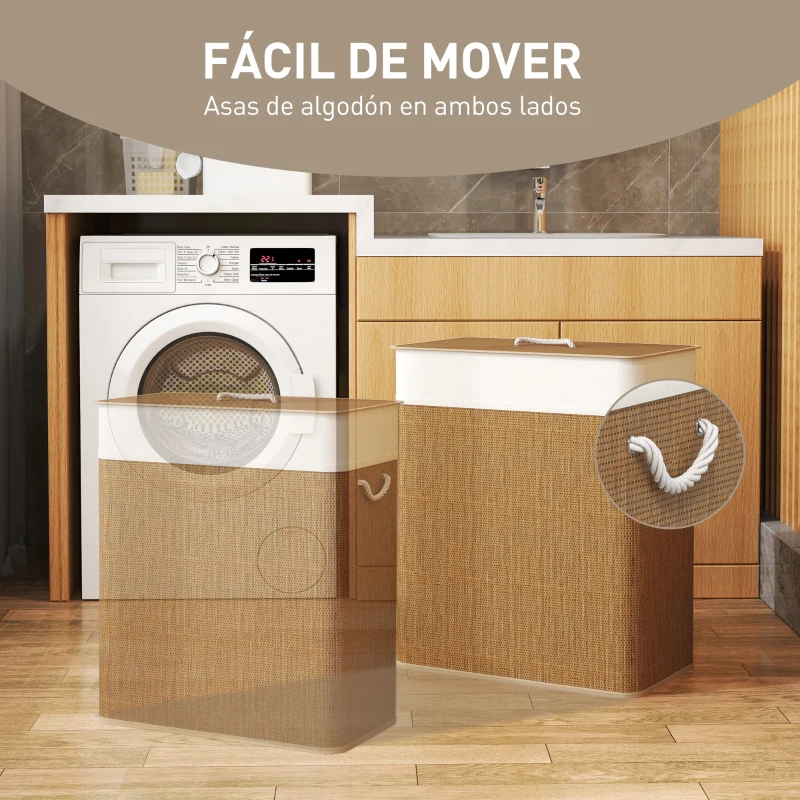 HOMCOM Cesto de Ropa Sucia de Bambú con 2 Compartimentos Asas para Facilitar el Uso y Bolsas Desmontables Lavables 52x32x63 cm