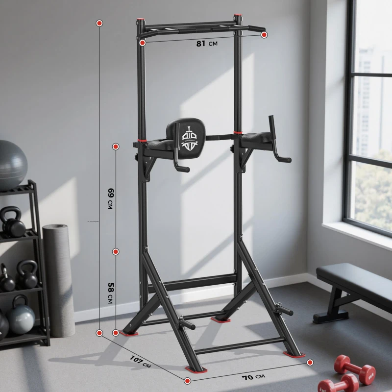 Power Tower Stazione per Dip, Barra per Trazioni, base a doppio triangolo, multifunzionale, 107,4x81,3x235 cm, Nero