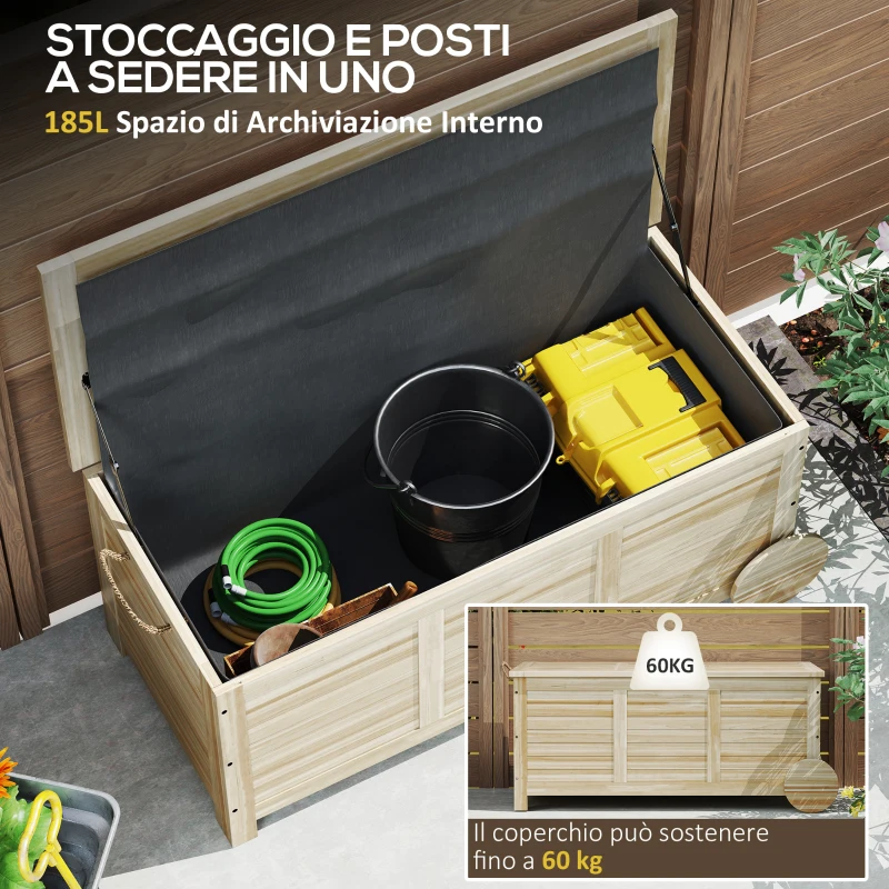 Outsunny Baule da Esterno 185L a 2 Ruote con Telo Interno e Coperchio, in Legno di Abete, 110x50x50 cm, color Legno