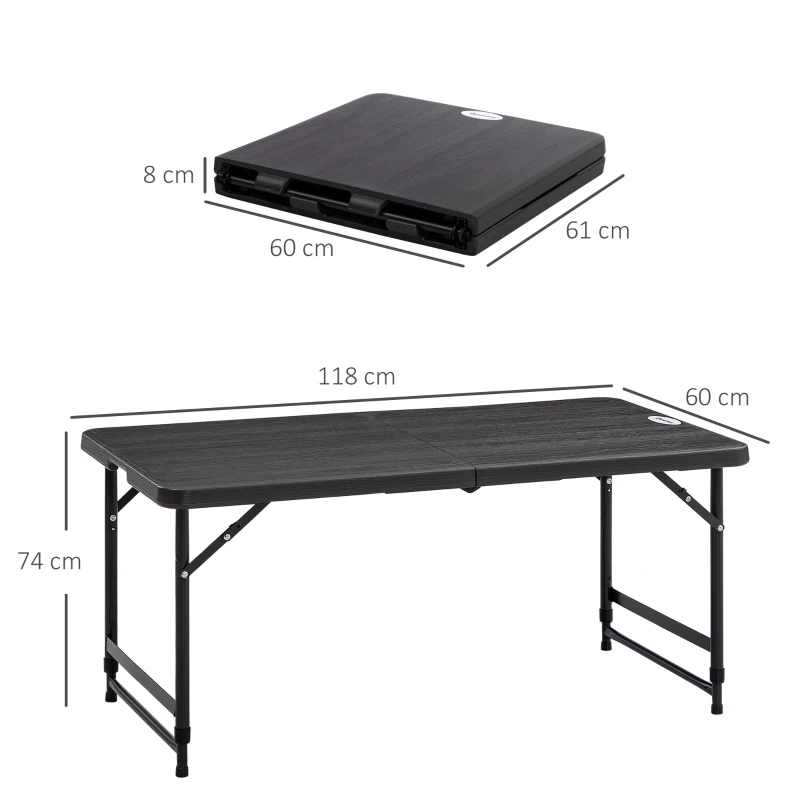 Outsunny buitentafel, tuintafel, voor 4 personen, opvouwbaar, in hoogte verstelbaar, houtlook, grijs+zwart, 118 x 60 x 74 cm