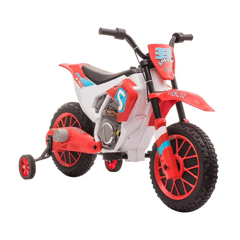 HOMCOM Moto Cross électrique Enfant 3 à 5 Ans 12 V 3-8 Km/h avec roulettes latérales Amovibles dim. 106,5L x 51,5l x 68H cm Rouge(m-12)