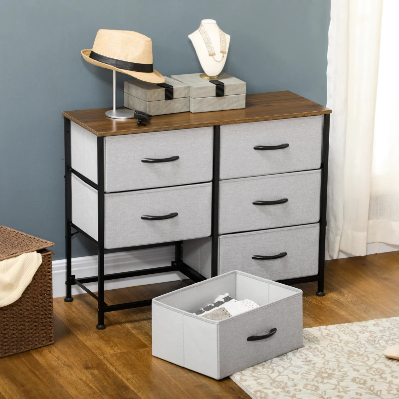 HOMCOM Ladekast Sideboard, 6 lades, stoffen lades, 80 cm x 30 cm x 62,5 cm, Bruin + Zwart + Grijs