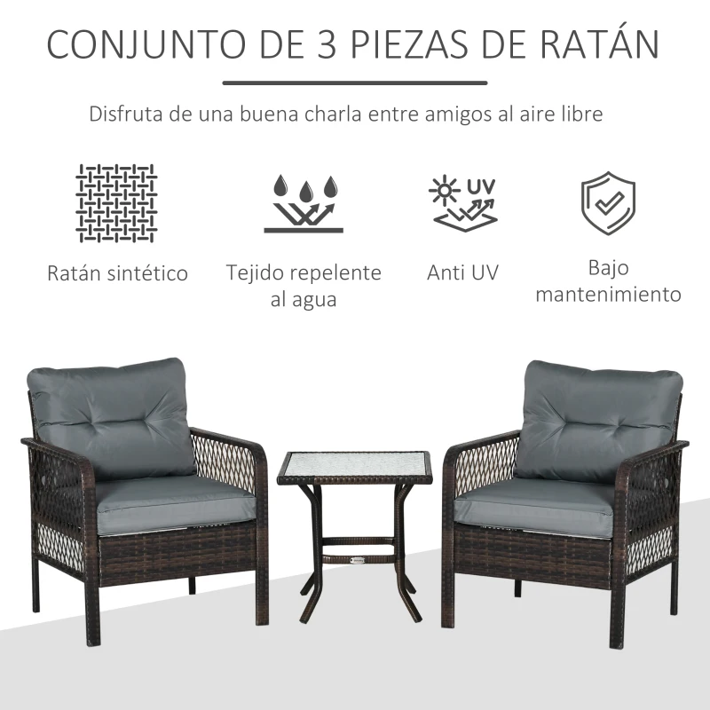 Outsunny Conjunto de Muebles de Ratán Juego de 3 Piezas de Jardín 2 Sillones 65x66x75 cm y Mesa de Vidrio Templado 50x50x50 cm con Cojines Acolchados para Terraza Patio Marrón y Gris