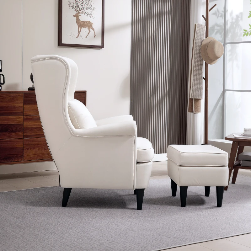 HOMCOM Sillón con Reposapiés Respaldo Alto Capitoné Patas de Madera Almohada Acolchada y Tapizado en Lino Beige