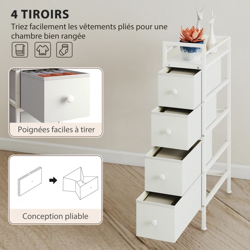 HOMCOM Commode 4 Tiroirs Pliables en Tissu, Meuble de Rangement Étroit, Style Moderne, Cadre en Acier, 20 x 43 x 81,5 cm Blanc