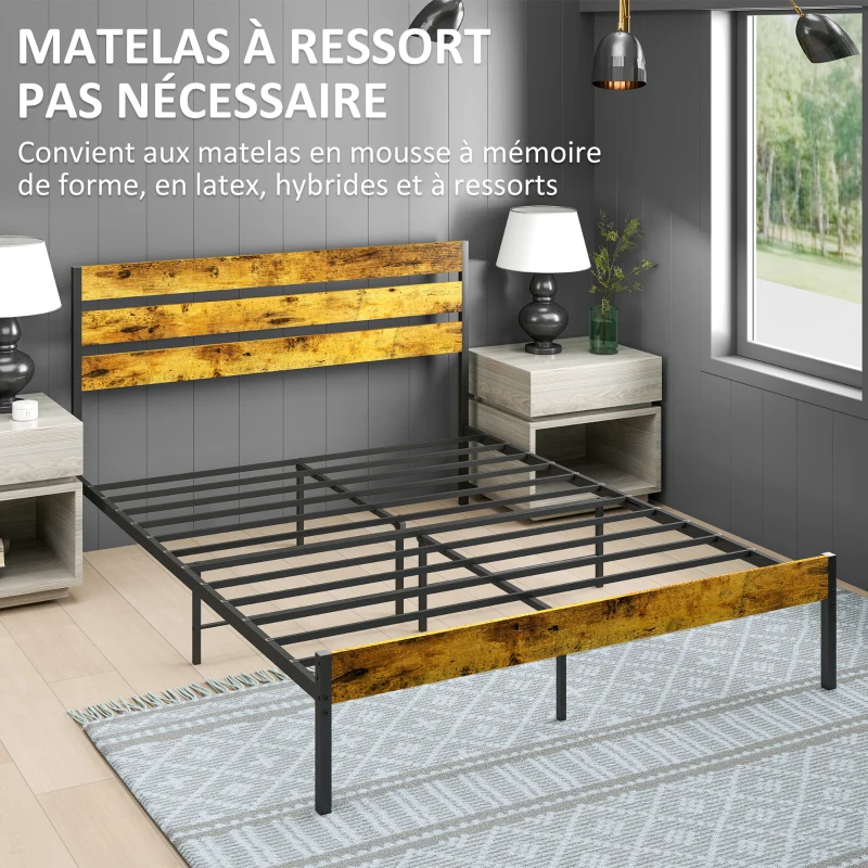 HOMCOM Cadre de lit double en acier avec sommier et tête de lit compatible matelas 160 x 200 cm, style industriel