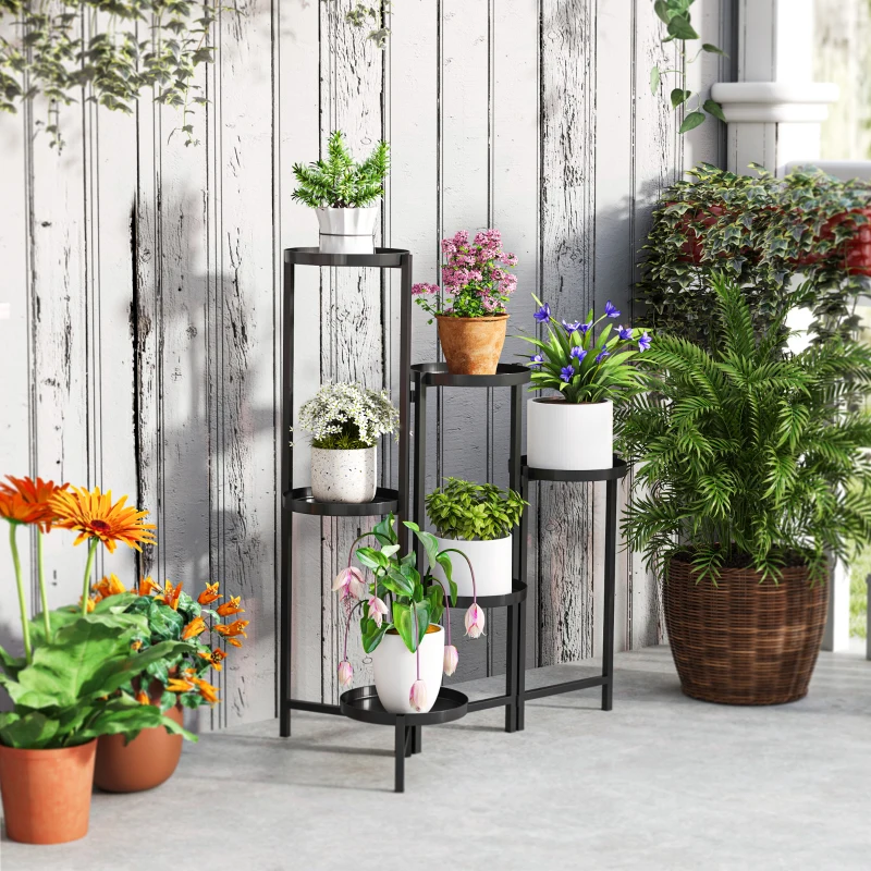 Outsunny Bloemenstandaard, Plantenstandaard met 6 Verstelbare Ronde Planken, Hoekstandaard voor Plantenpotten, Metaal, Zwart