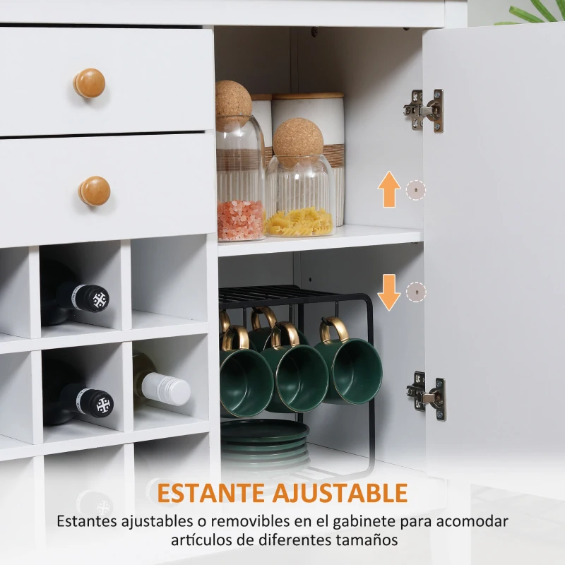 HOMCOM Aparador de Cocina Moderno con Cajones y Botellero Mueble Auxiliar para Comedor Salón 110x35x75 cm Blanco