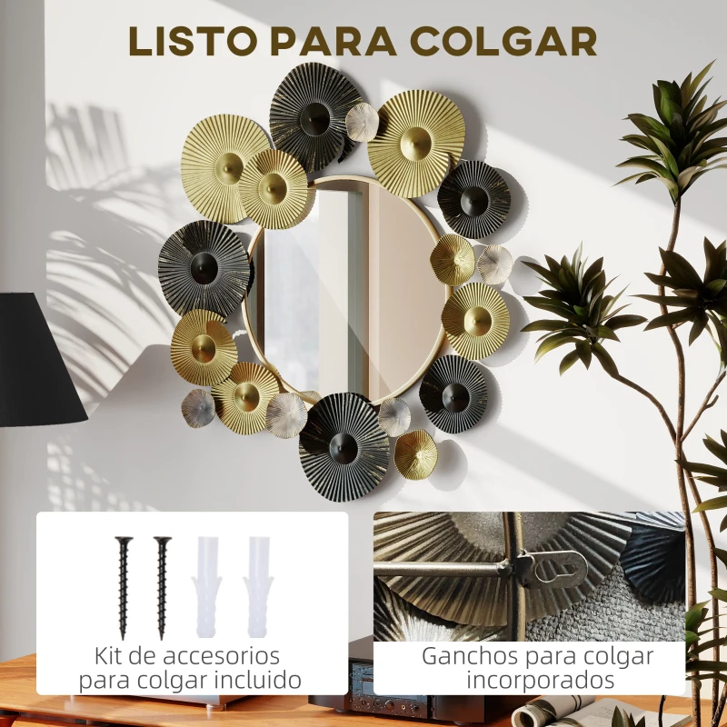 HOMCOM Adorno de Pared Metálico con Espejo Decorativo para Salón Dormitorio Pasillo 84x84 cm Dorado y Negro