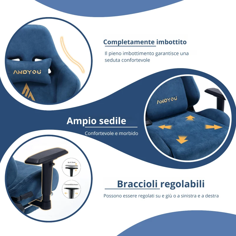 Sedia da gaming con poggiapiedi, in similpelle scamosciata traspirante, regolabile in altezza con pistone a gas, girevole, 70x70x135 cm, Blu