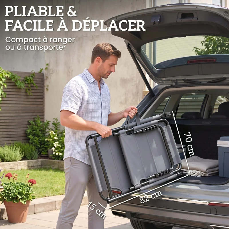 Outsunny Lot de 2 Bains de soleil transats pliables grand confort dossier pare-soleil réglables multi-positions, gris