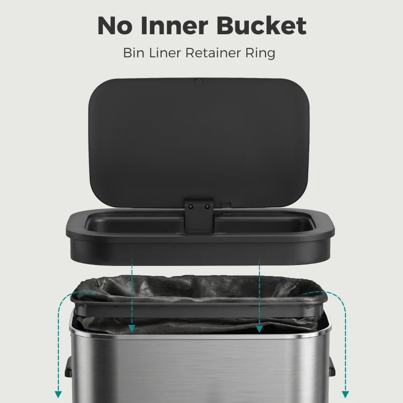 HOMCOM 55L Sensor Bin for Kitchen, Touchless Automatic Waste Rubbish Bin, Stainless Steel, Battery Operated, Silver Tone